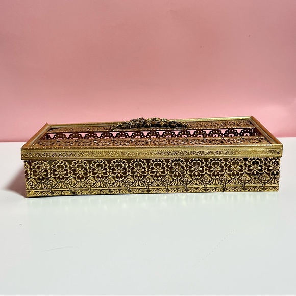 Vintage victorian ornate gold bow ribbon tissue box holder - Picture 3 of 7